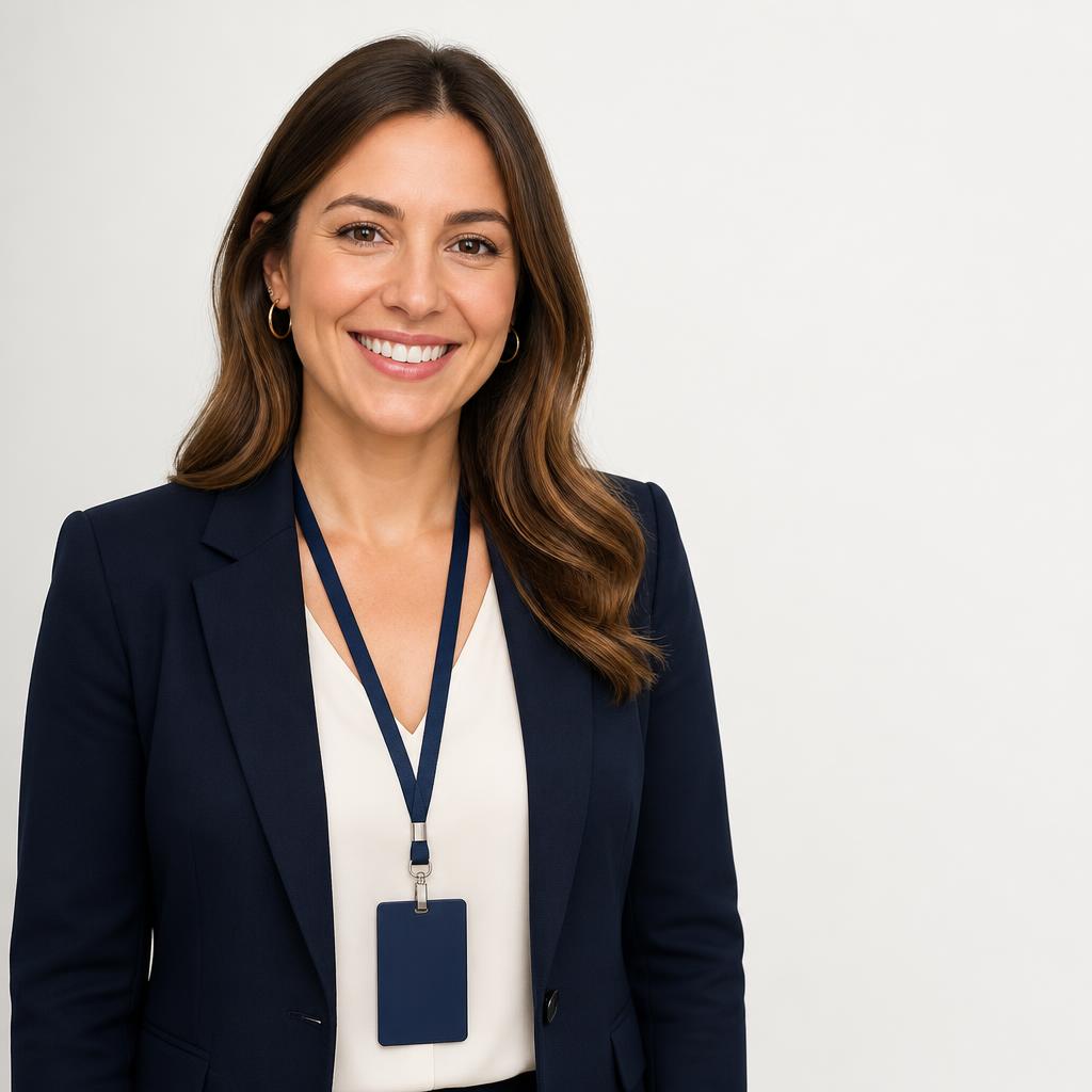 Sara Nilsen med et personlig Feedbackr Anmeldelseskort rundt halsen og et bordskilt med QR-kode.